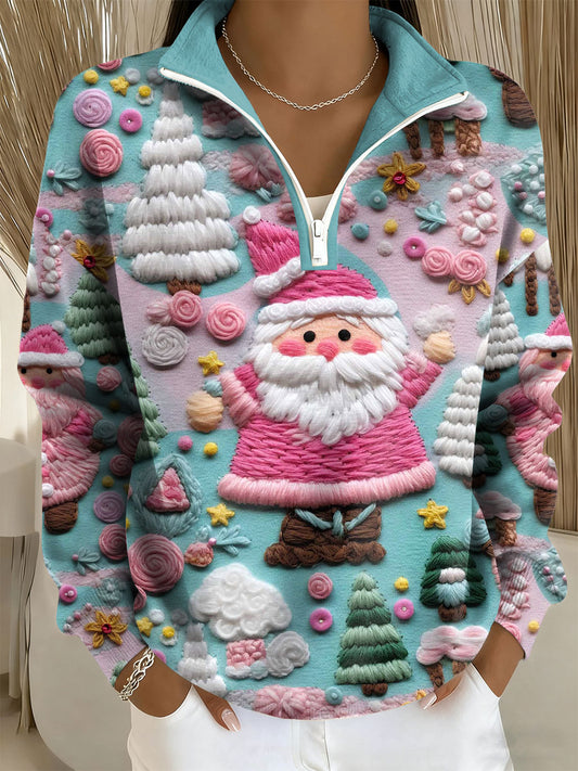 Women's Santa Print Casual Zip-Up Top