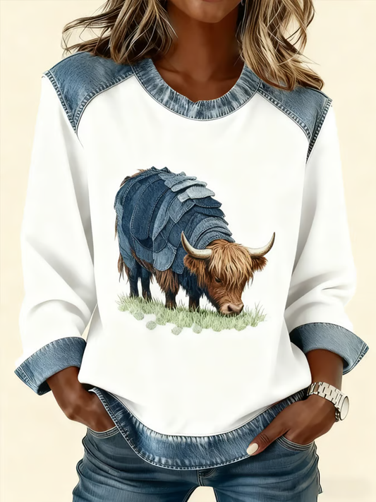 Women's Animal Highland Cow Print Denim Patchwork Top