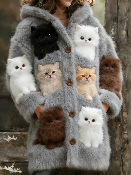 Women's Animal Cat Print Flannel Warm Jacket