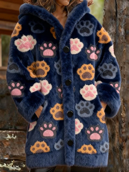 Women's Animal Paw Print Flannel Warm Jacket