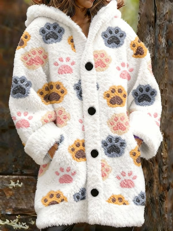 Women's Animal Paw Print Flannel Warm Jacket