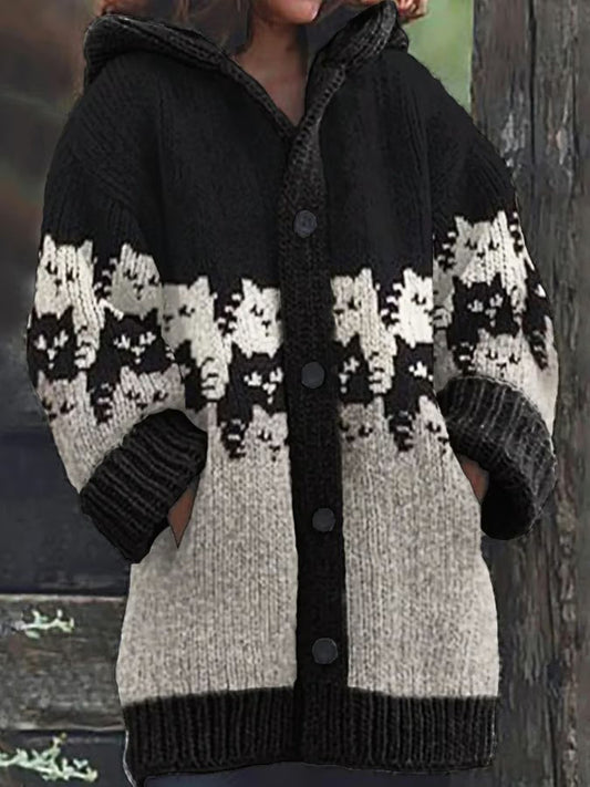 Women's Animal Cat Print Flannel Warm Jacket