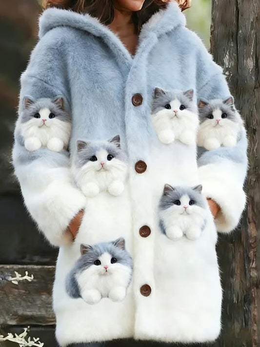 Women's Animal Cat Print Flannel Warm Jacket