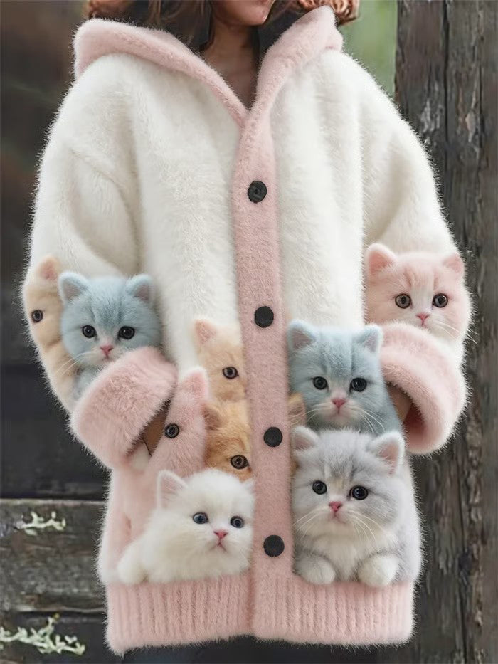 Women's Animal Cat Print Flannel Warm Jacket