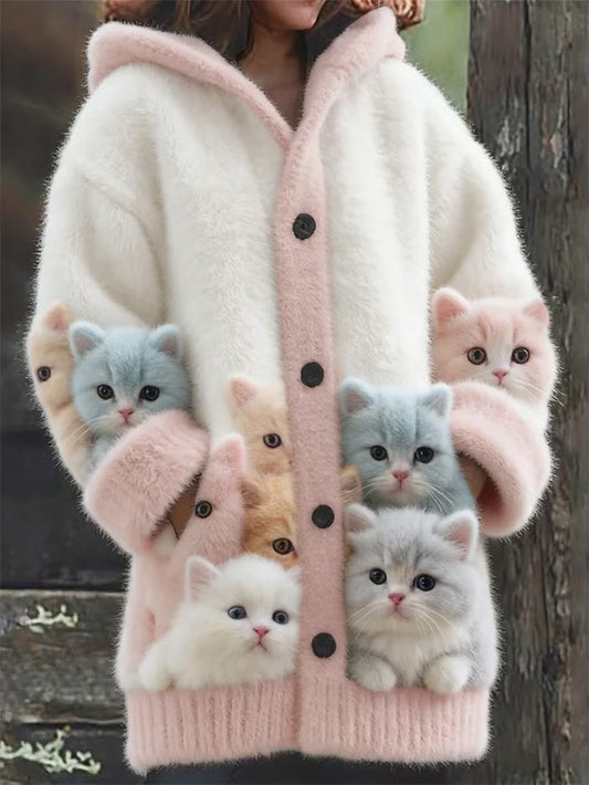 Women's Animal Cat Print Flannel Warm Jacket