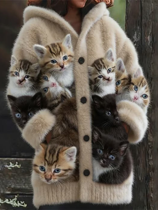 Women's Animal Cat Print Flannel Warm Jacket