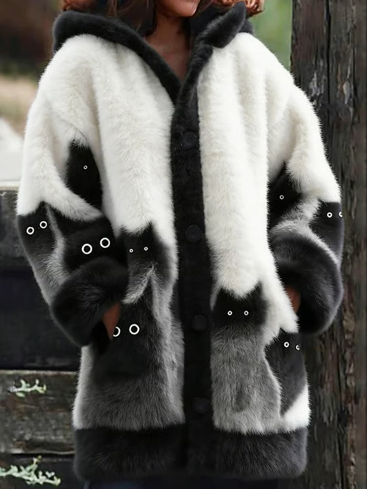 Women's Animal Cat Print Flannel Warm Jacket