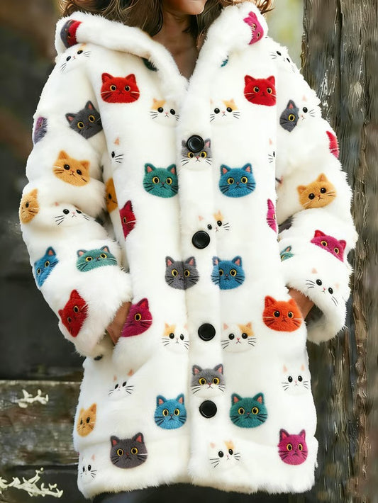 Women's Animal Cat Print Flannel Warm Jacket