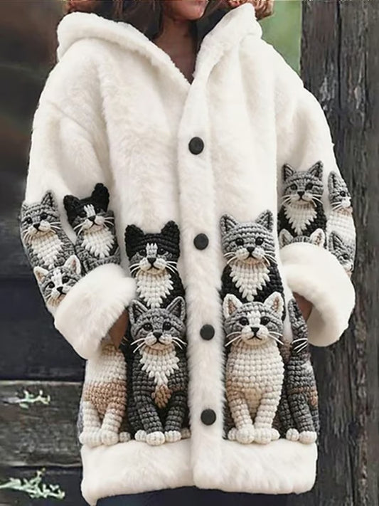 Women's Animal Cat Print Flannel Warm Jacket