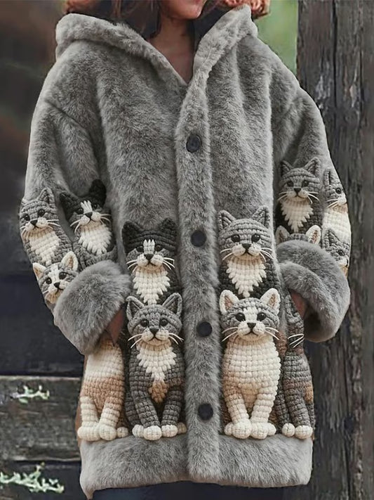 Women's Animal Cat Print Flannel Warm Jacket