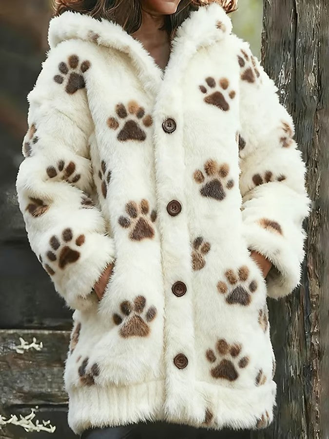 Women's Animal Paw Print Flannel Warm Jacket