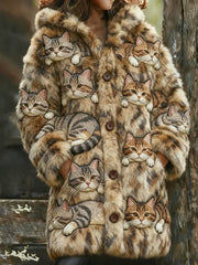 Women's Cat Print Flannel Warm Jacket