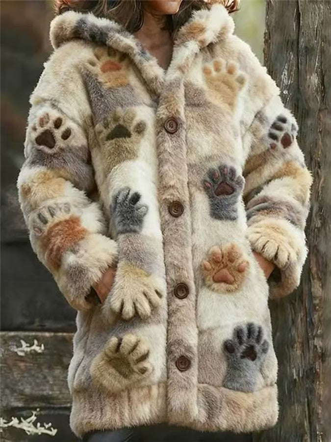 Women's Animal Paw Print Flannel Warm Jacket
