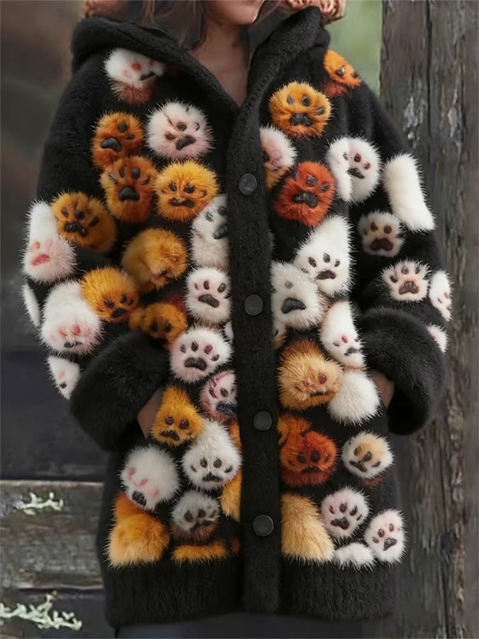 Women's Animal Paw Print Flannel Warm Jacket