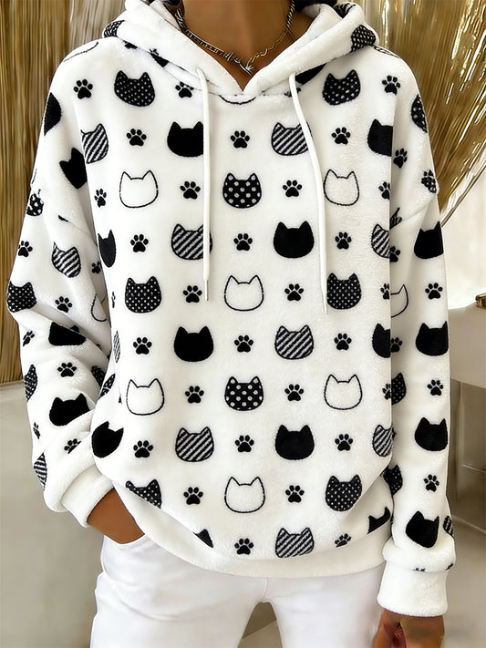 Women's Cute  Cat Art Print Casual Flannel Hoodie