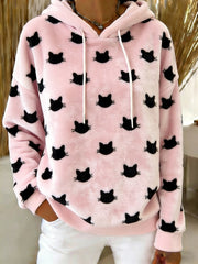 Women's Cute  Cat Art Print Casual Flannel Hoodie