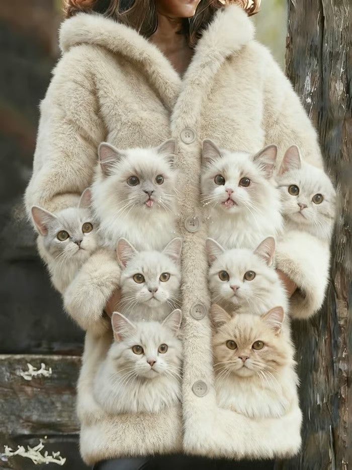 Women's Animal Cat Print Flannel Warm Jacket