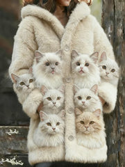 Women's Animal Cat Print Flannel Warm Jacket