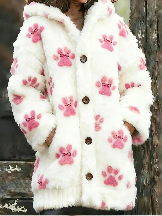 Women's Animal Paw Print Flannel Warm Jacket