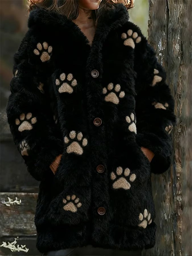 Women's Animal Paw Print Flannel Warm Jacket