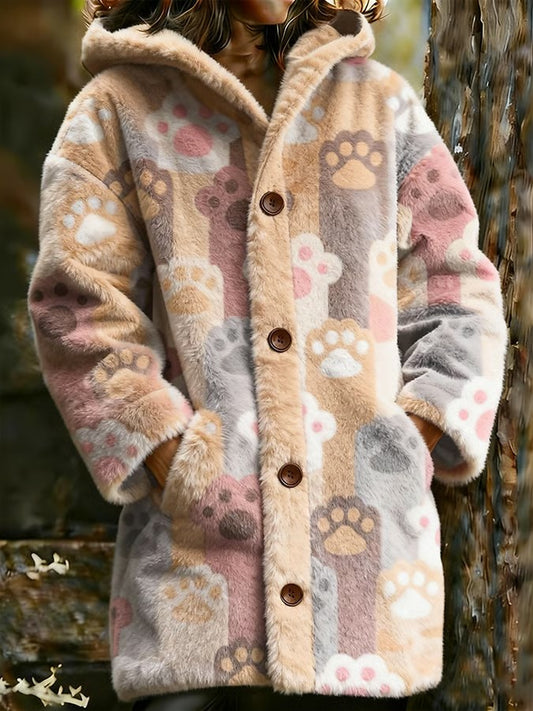Women's Animal Paw Print Flannel Warm Jacket