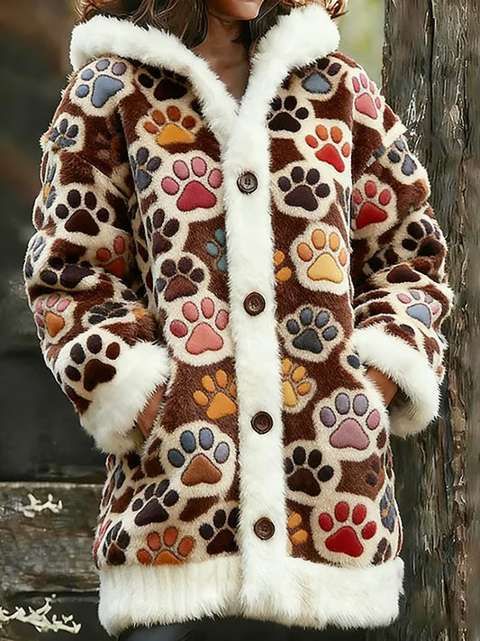 Women's Animal Paw Print Flannel Warm Jacket
