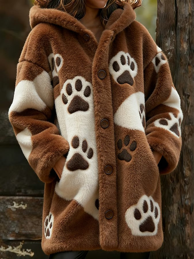Women's Animal Paw Print Flannel Warm Jacket