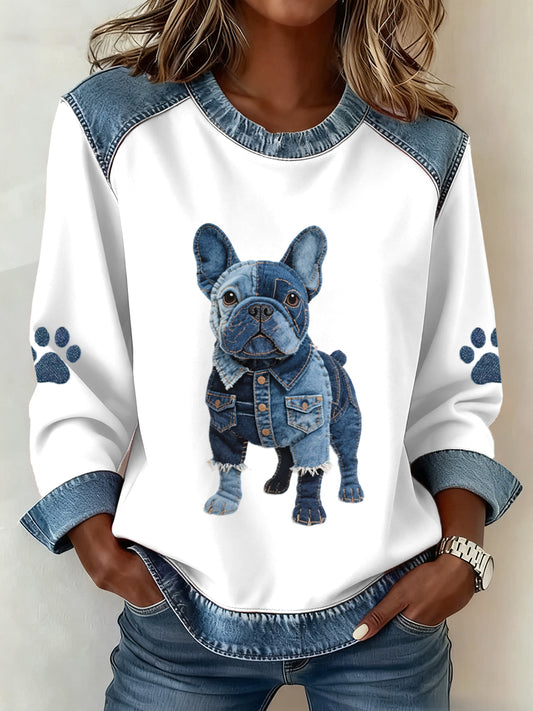Women's Lovely French Bulldog Pattern Denim Patchwork Sweatshirt