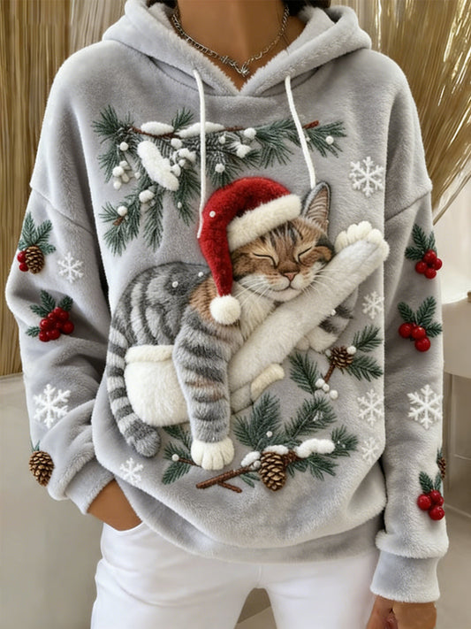 Women's Cute Christmas Cat Art Print Casual Flannel Hoodie
