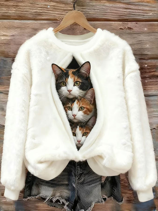 Women's Cat Printed Flannel Sweatshirt