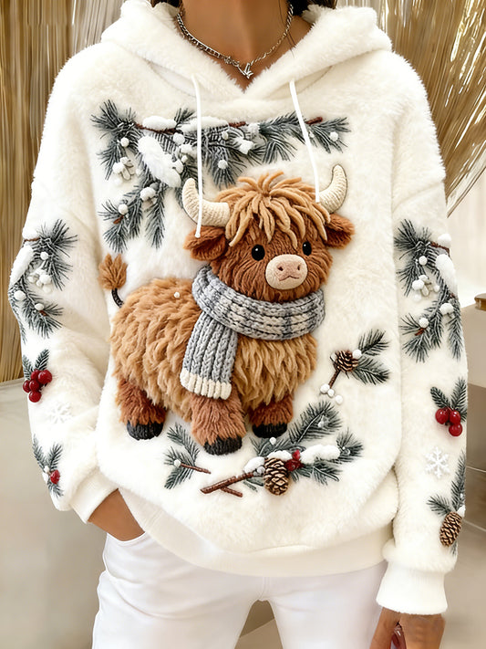 Women's Winter Cute Highland Cow Flannel Hoodie