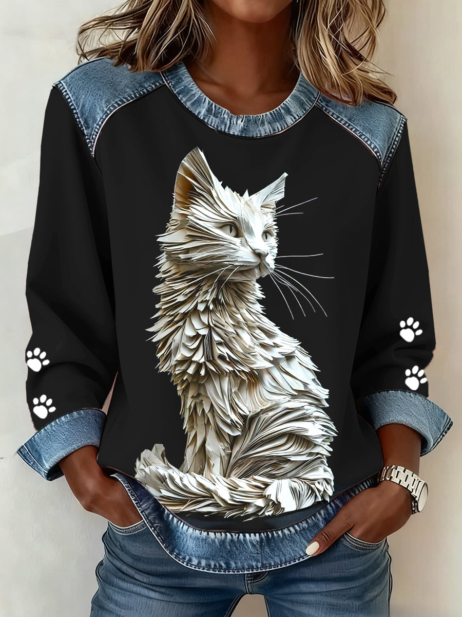 Women's Cat Paws Art Printed Denim Patchwork Top