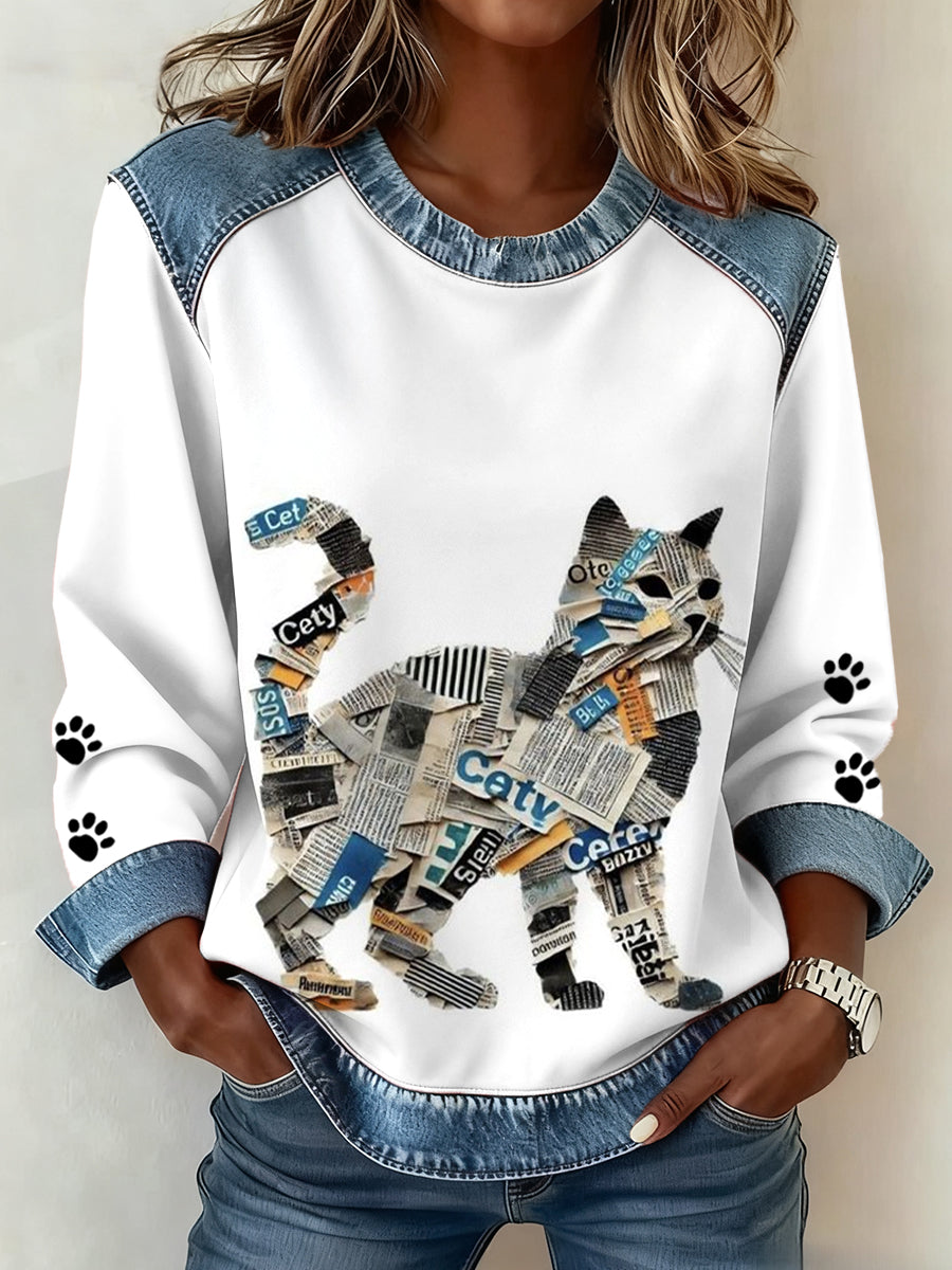 Women's Cat Paws Art Printed Denim Patchwork Top