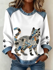 Women's Cat Paws Art Printed Denim Patchwork Top