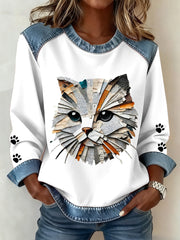 Women's Cat Paws Art Printed Denim Patchwork Top