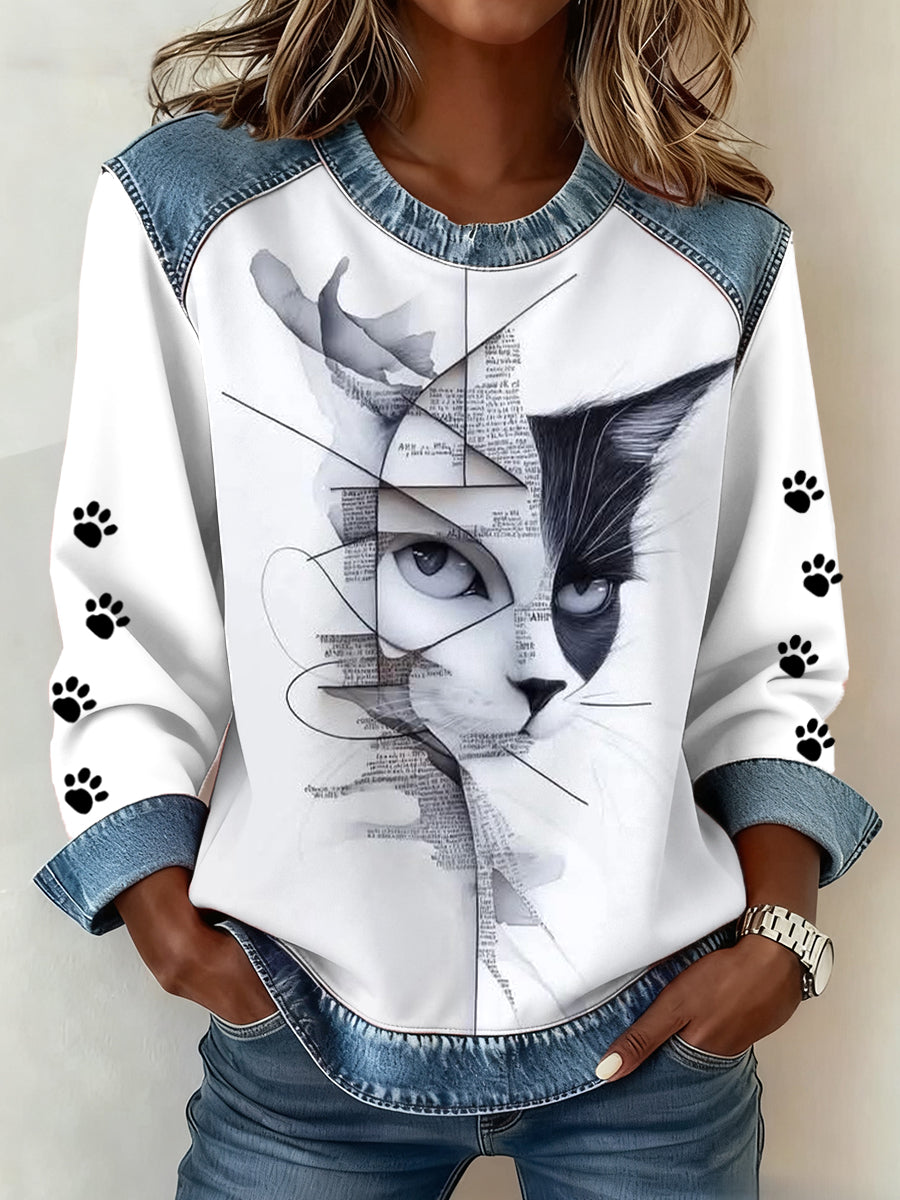 Women's Cat Paws Art Printed Denim Patchwork Top