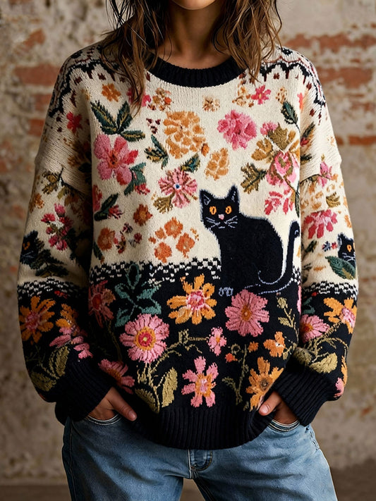 Women's Cat Floral Vintage Tops