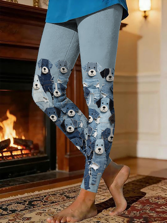 Women's Fleece-Lined Leggings with Puppy Print