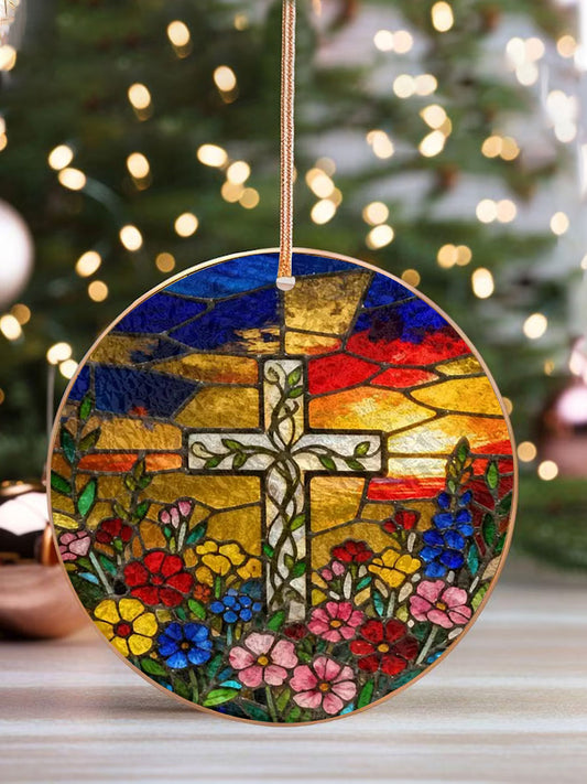 Christian Cross And Wild Flower Printed Acrylic Decorative Ornament
