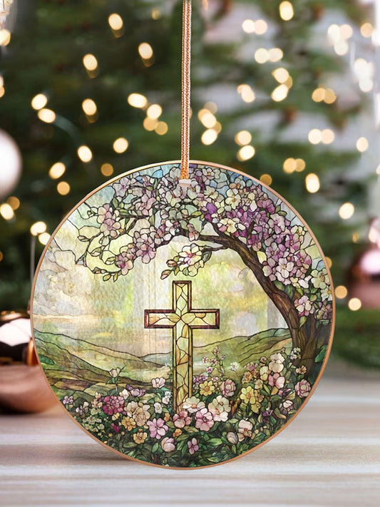 Christian Cross And Wild Flower Printed Acrylic Decorative Ornament