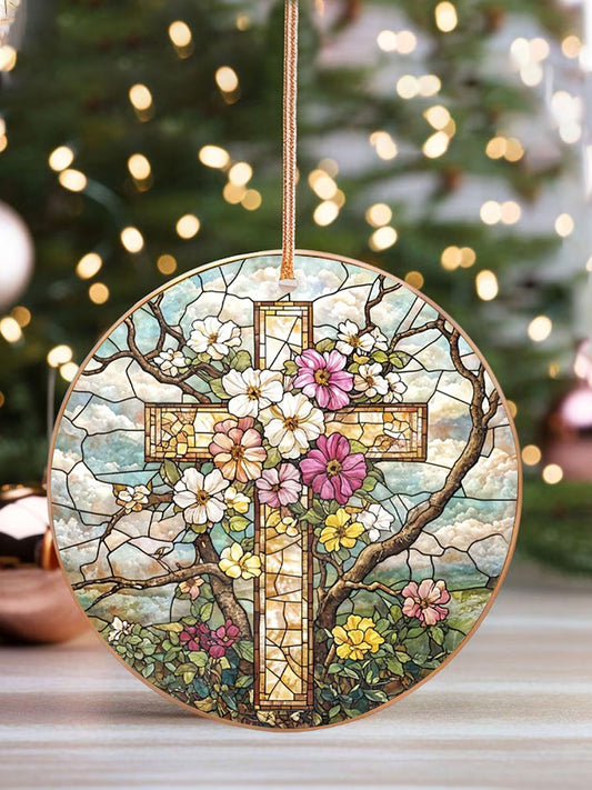 Christian Cross And Wild Flower Printed Acrylic Decorative Ornament