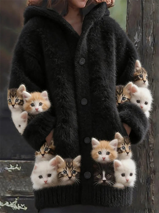 Women's Flannel Cute Cats Print Coats