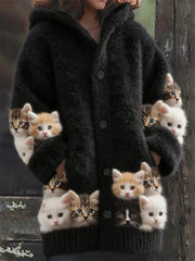 Women's Flannel Cute Cats Print Coats