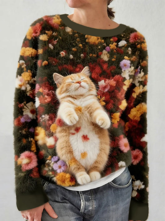 Women's Cute Floral Cat Flannel Sweatshirt