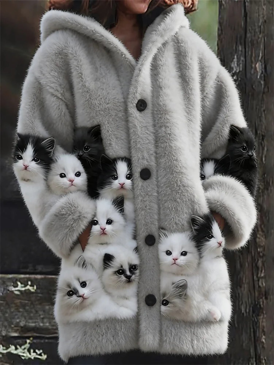 Women's Flannel Cute Cats Print Coats