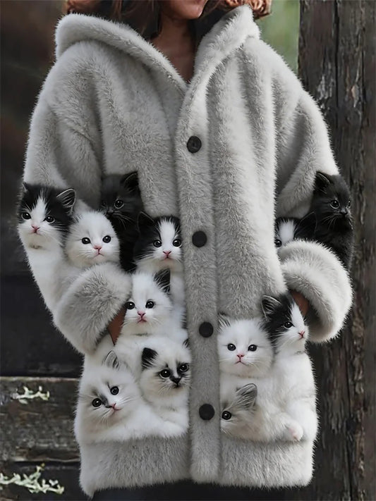 Women's Flannel Cute Cats Print Coats