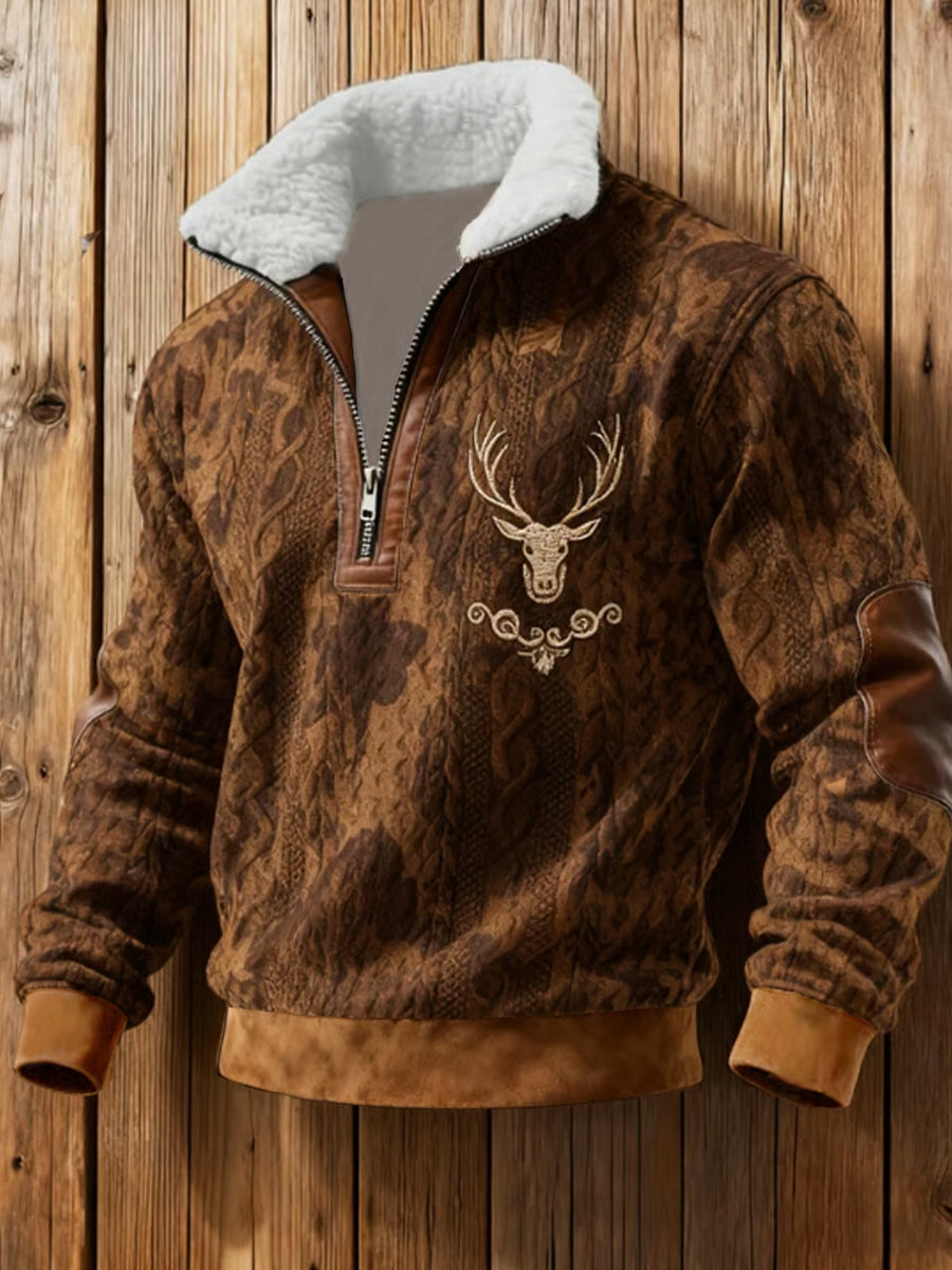 Men's Retro Western Print Jacquard Zipper Fur Collar Long Sleeve Sweatshirt