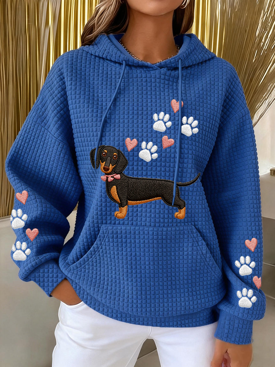 Women's Dachshund Love Heart Print Dog Lovers Casual Waffle Hoodie