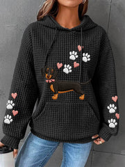 Women's Dachshund Love Heart Print Dog Lovers Casual Waffle Hoodie