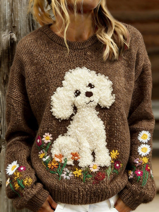 Women's Cute Dog Floral Print Casual Sweater